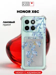 Чехол на Honor X6c (Хонор Х6с) с карманом и принтом "Голубая сакура", новогодний