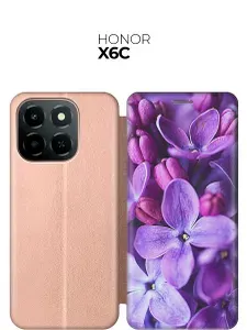 Чехол-книжка на Honor X6C с принтом "Фиолетовая сирень" золотой