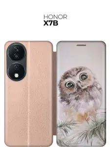 Чехол-книжка на Honor X7b с принтом "Совенок" золотой