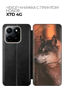 Чехол-книжка на Honor X7d с принтом "Красивый волк" черный