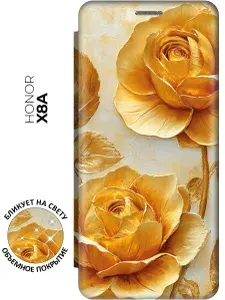 Чехол-книжка на Honor X8a с принтом "Золотые розы" золотой