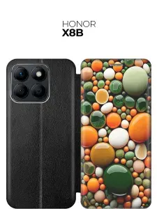 Чехол-книжка на Honor X8b с принтом "Оранжевые и зеленые камушки" черный