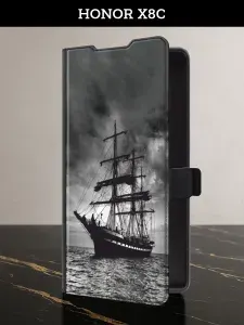 Чехол-книжка на Honor X8c (Хонор X8c) с картой и принтом "Корабль в пасмурном море"