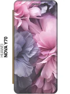 Чехол-книжка на Huawei nova Y70 / Хуавей Нова У70 с рисунком "Розово-фиолетовые цветы" золотой