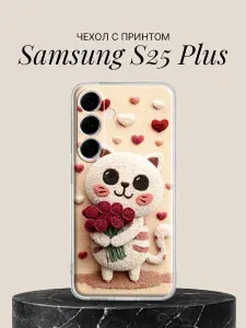 Чехол на Samsung S25 Plus с принтом Котик с розами
