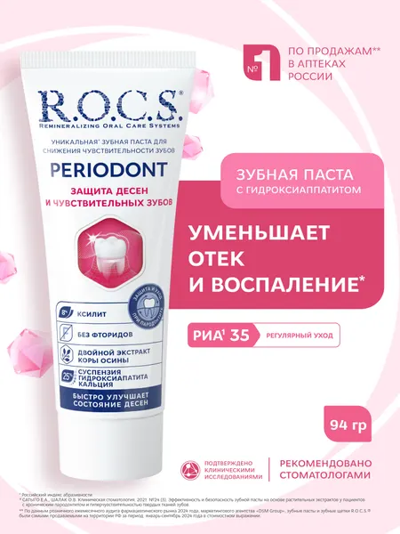 Зубная паста R.O.C.S. Periodont Защита десен и чувствительных зубов, 75 мл, 94 г
