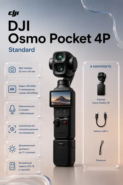 Экшн-камера DJI Osmo Pocket 4P Стандартное издание, 4K, 240 fps Встроенная память 107 ГБ