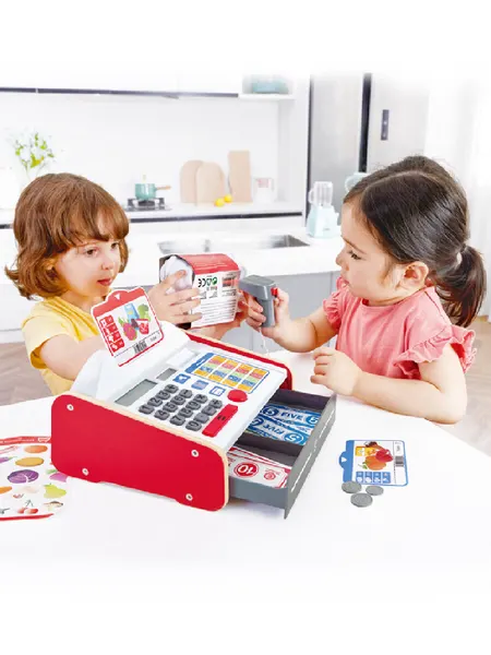 Детская касса Hape с набором наклеек, калькулятором, светом и звуком E3184_HP