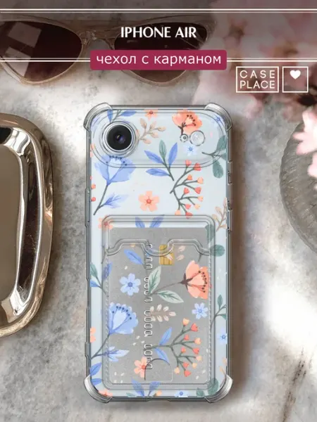 Чехол на iPhone Air с картхолдером с цветочками Case Place