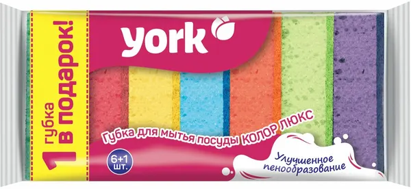 Губки бытовые YORK Колор люкс 030180, комплект 6+1 шт, поролон/абразив, для посуды/уборки