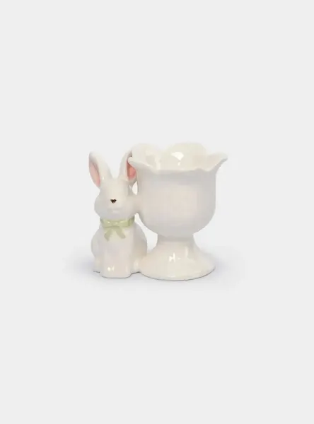 Подставка для яйца, 7 см, керамика, молочно-золотистая, Кролик с цветком, White Rabbit