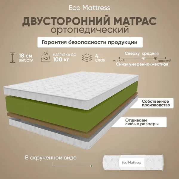 Ортопедический двусторонний односпальный беспружинный матрас Eco Mattress 17V Sk 80х200 см, латексированая кокосовая койра, высокоэластичная пена, разная жесткость сторон, в рулоне