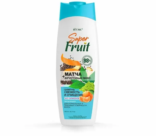 Шампунь SuperFRUIT для нормальных и жирных волос, Матча + фруктовый микс, свежесть и очищение без силикона, 500мл, Витэкс