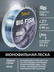 Леска для рыбалки RUBICON Big Fish 100m 0,90 мм , тёмно-серая толстая / Леска толстая на сома, морская, для жерлиц, для карпа