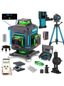 Лазерный уровень/нивелир KEZERS KL4D-03G, Зеленый луч 360 4D 16 Линий Чемодан, С штатив 1,06м, приемником KL-1D