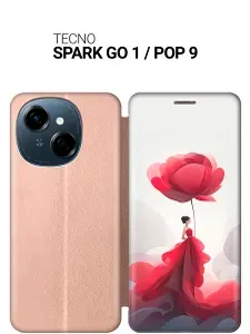 Чехол-книжка на Tecno Spark Go 1 / Pop 9 с принтом "Цветочная девушка в красном" золотой