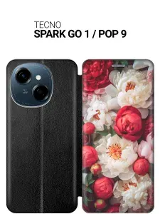 Чехол-книжка на Tecno Spark Go 1 / Pop 9 с принтом "Красно-белые пионы" черный