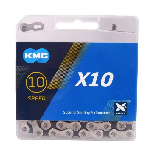 KMC X10 116L, серебристо-черная велосипедная цепь, с замком, в коробке