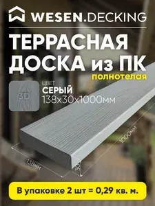 Террасная доска полимерная 138х30х1000 мм, Серый, 2 шт