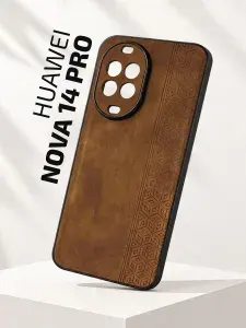 Чехол кожаный на Huawei Nova 14 Pro (Чехол на Хуавей Нова 14 Про) с защитой камеры, геометрия, коричневый