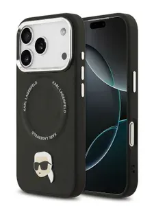 Чехол Karl Lagerfeld на iPhone 17 Pro, PU Leather MagSafe, из экокожи, с металлическими защитой камеры, кнопками и значком, NFT Karl head, черный