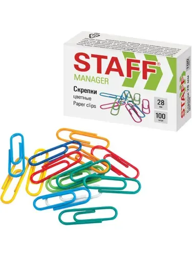 Скрепки Staff Manager, 28 мм, цветные, 100 шт., в картонной коробке