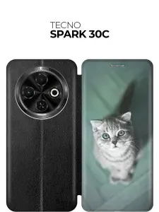 Чехол-книжка на Tecno Spark 30C с принтом "Котик на зеленом полу" черный