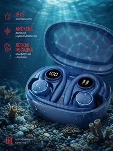 Наушники беспроводные для телефона, наушники беспроводные спортивные, Bluetooth 5.4, с микрофоном, с шумоподавлением ENC и ANC, тёмно-синие.