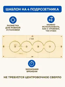 Кондуктор для сверления отверстий / Шаблон для подрозетников 68 / 4 розетки