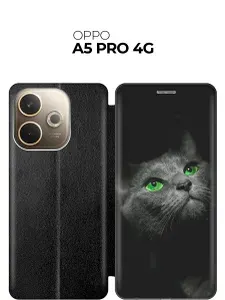 Чехол-книжка на Oppo A5 Pro 4G с принтом "Зеленоглазая кошка" черный