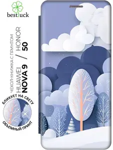 Чехол-книжка на Honor 50 / Huawei Nova 9 с принтом "Фиолетовые сны зимы" золотой