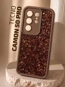 Чехол на Tecno Camon 50 Pro/Чехол Техно Камон 50 Про с защитой камеры, с блестками, коричневый