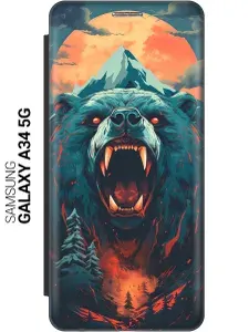 Чехол-книжка на Samsung Galaxy A34 5G / Самсунг А34 c принтом "Гризли при красной луне"