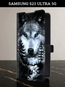 Чехол-книжка на Samsung Galaxy S23 Ultra 5G (Самсунг S23 Ультра 5G) с картой и принтом "Волк в зимнем лесу"