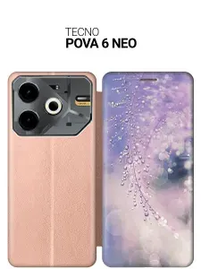 Чехол-книжка на Tecno Pova 6 Neo с принтом "Ветка в капельках" золотой