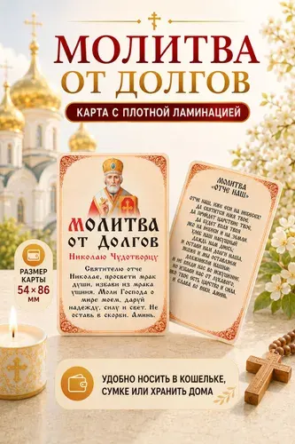 Двусторонняя ламинированная карточка Молитва от долгов Николаю Чудотворцу и Отче Наш, иконка оберег в кошелек, 86х54 мм
