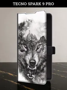 Чехол-книжка на Tecno Spark 9 Pro (Текно Спарк 9 Про) с картой и принтом "Волк в горах"
