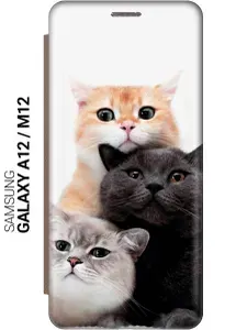 Чехол-книжка на Samsung Galaxy A12 / M12 с принтом "Котики" золотой