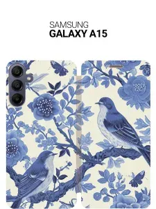 Чехол-книжка на Samsung Galaxy A15 с принтом "Птички" золотой