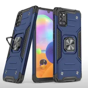 Противоударный чехол для Samsung Galaxy A31 A315 синий с пластиной для магнитного автодержателя и кольцом подставкой / трансформируется в подставку