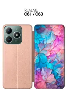 Чехол-книжка на Realme C61 / C63 с принтом "Цветочный витраж" золотой