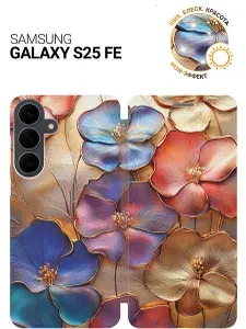 Чехол-книжка на Samsung Galaxy S25 FE с принтом "Позолоченные цветы" золотой