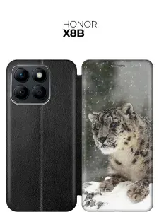 Чехол-книжка на Honor X8b с принтом "Барс и падающий снег" черный