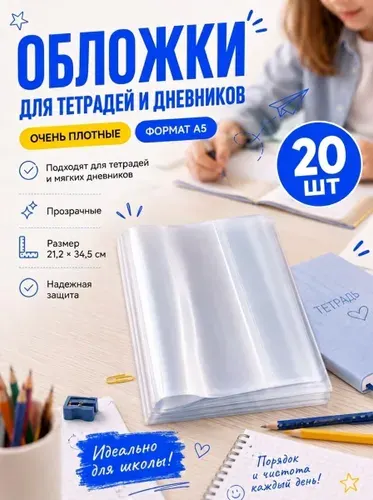Обложки для тетрадей и дневников А5 плотные прозрачные 20 шт для школы