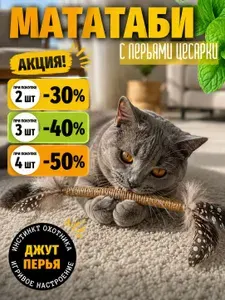 Палочки мататаби для кошек c перьями цесарки / японская кошачья мята игрушка антистресс для кошек