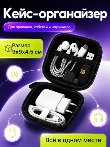 Футляр для наушников, чехол кейс на молнии для проводов, футляр для наушников, черный