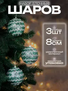 Елочные шары набор 8 см, 3 шт, зеленый