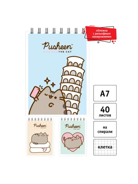 Блокнот на спирали в клетку 40 листов А7, 3 штуки Pusheen