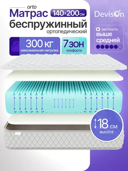 Матрас 140х200 ортопедический беспружинный для кровати Devison Orto