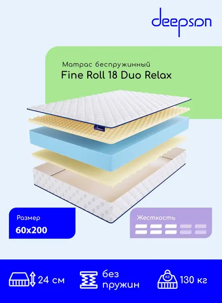 Матрас 60x200 ортопедический беспружинный Deepson Fine Roll 18 Duo Relax
